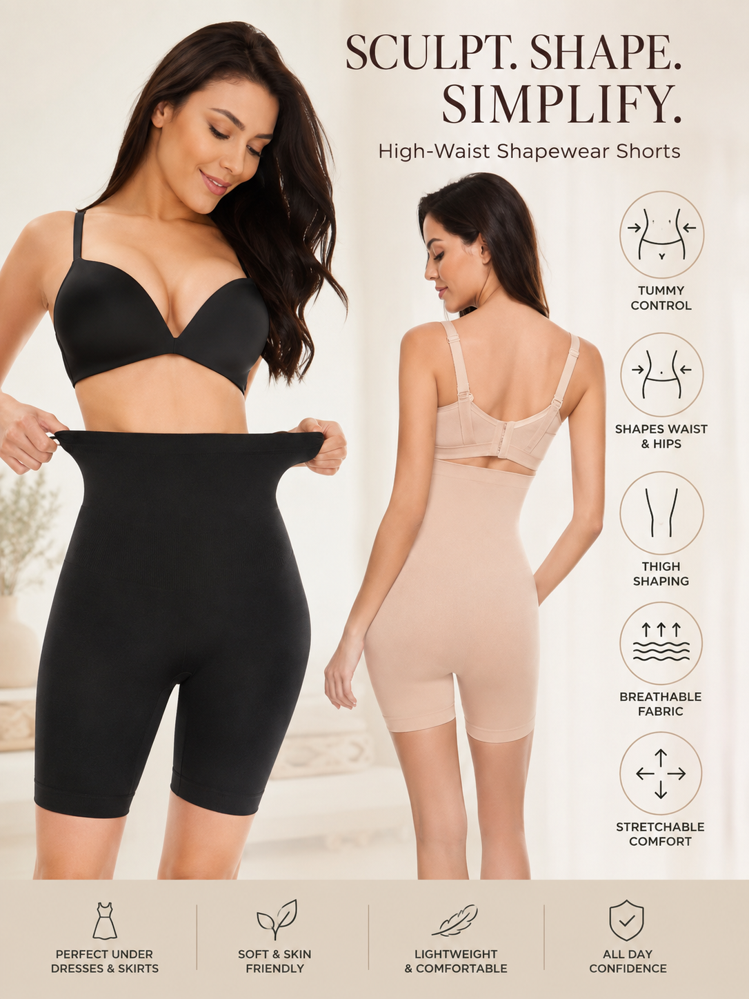 Women’s High-Waist Shapewear Shorts – Tummy & Thigh Control